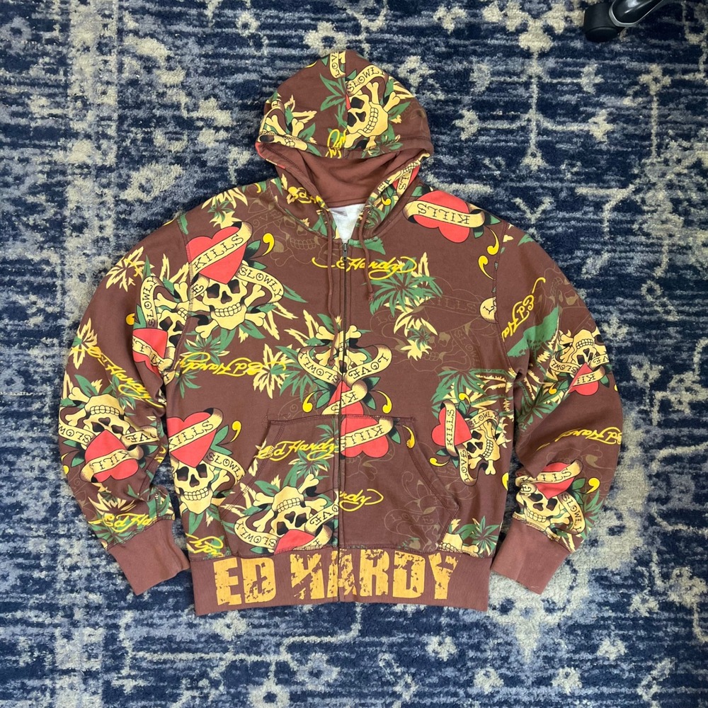 Ed Hardy Mens XL Brown Love Kills Slowly Skull All Over Print Zip Up Hoodie